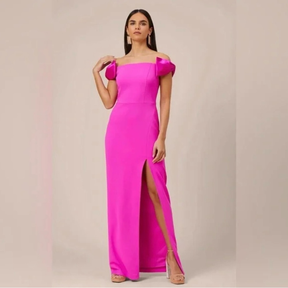 Adrianna Papell Fuchsia Off-Shoulder Maxi Dress